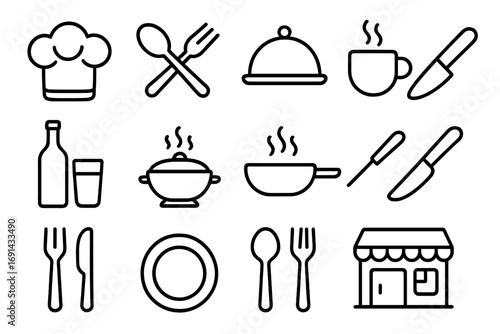 Simple culinary icons set with linear utensils, dishes, dining and cooking symbols for restaurants, cafes, food services, kitchen tools, and meal preparation illustrations