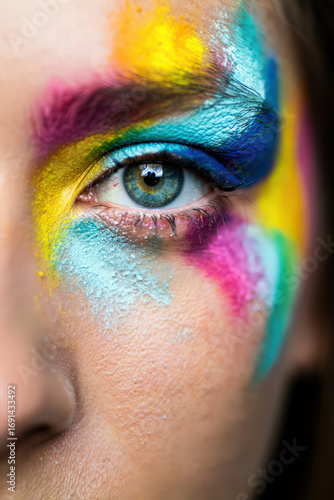 Vibrant Eye Makeup Artistry Featuring a Spectrum of Colors Creating a Bold and Expressive Look for Beauty and Cosmetic Photography in a Studio Setting