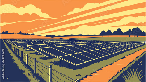 Rural Solar Panel Farm at Sunset Green Energy Illustration.