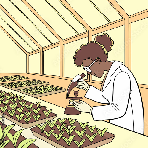 Scientist examining plants under a microscope in a greenhouse.