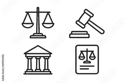 Law and justice line icon set. Legal symbols collection. Courthouse, judge gavel, scales of justice, law document. Vector illustration for court, auction, crime, and finance.