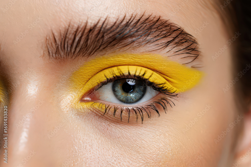 Obraz premium Vibrant Yellow Eye Makeup Close-Up, Showcasing a Bold and Modern Look with Sharp Lines and Smooth Application for a Striking Visual Impact