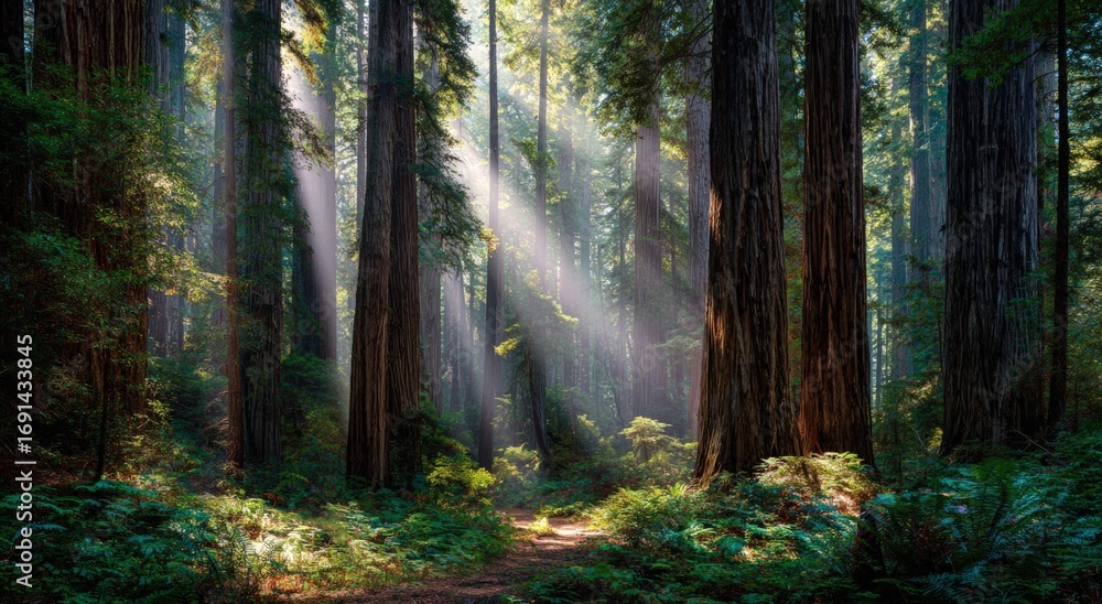 Fototapeta premium Sunlight streams through ancient redwood forest