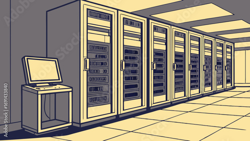 Server Room Interior Data Center Technology Network Infrastructure Computer Servers IT Illustration.