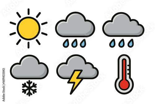 Simple weather icons set with sun, clouds, rain, snowflake, lightning bolt, thermometer. Cartoon style, transparent background, vector illustration, ordered weather symbols collection for design