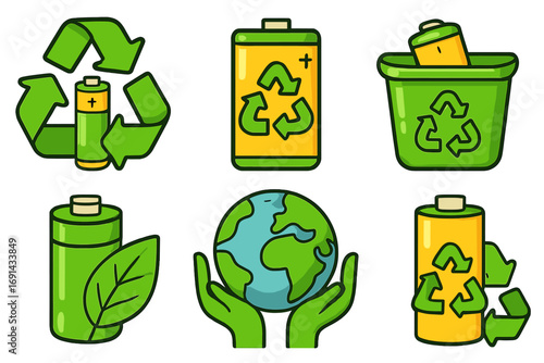 Battery recycling icon set. Sustainable disposal and environmental awareness concepts. Green energy and ecology symbols for reuse initiatives. Vector cartoon illustration pack.