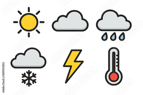 Simple weather icons vector set with sun, cloud, rain, snowflake, lightning bolt, and thermometer symbols, cartoon style, transparent background, organized collection for design