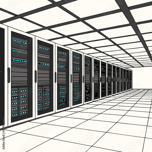Server Room Interior Data Center Technology Network Infrastructure IT Equipment Computer Servers Digital Technology High-Tech Room White Floor Rack Servers Data Storage Network Hardware.