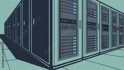 Server room data center network infrastructure technology digital internet computing computer hardware servers racks IT technology background data storage cloud computing informatio.