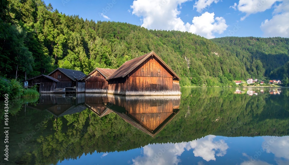 Fototapeta premium Calm lake reflecting wooden houses