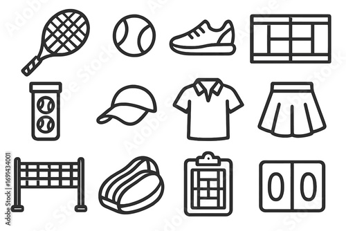 Tennis line icons set with racket, ball, shoe, court, cap, shirt, skirt, net, bag, scoreboard, and match clipboard for sports and tennis enthusiasts vector illustration
