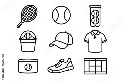 Tennis equipment and court essentials line icons set for sport enthusiasts, including racquet, balls, bucket, cap, polo shirt, wristband, sneaker, and court layout vector illustration