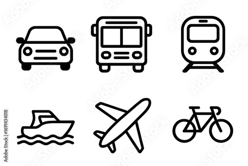 Minimalist transportation icons collection featuring car, bus, train, boat, airplane, bicycle, vector cartoon illustration, travel and transport symbols with transparent background