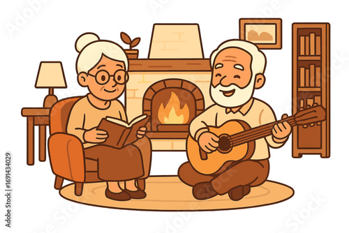 Senior couple enjoying quality time. Elderly man playing guitar, woman reading book by cozy fireplace. Happy grandparents relaxing at home. Concept of active retirement.