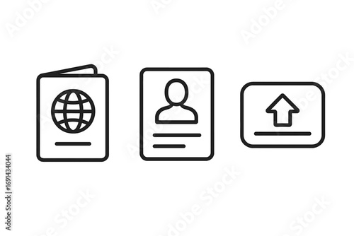 Travel document icons with passport, visa, and entry stamp symbols, modern linear style vector illustration set, transparent background, border outline, identity and travel concepts