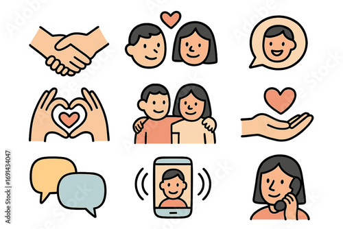 Human connection, communication, and love icon set. Vector symbols for relationship, friendship, handshake, charity, giving, support, chat, online call. Minimalist cartoon style.