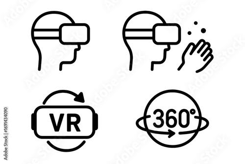 Minimalist Virtual Reality Icon Set, Interactive Technology Symbols, VR Headset, Hand Interaction, 360 Degree Experience, Modern Vector Illustration with Transparent Background