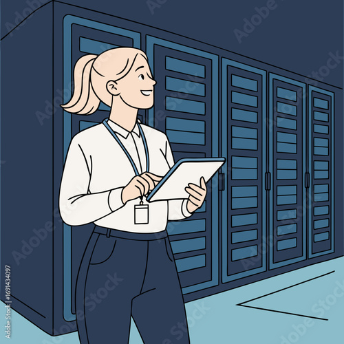 Smiling Woman Using Tablet in Data Center Illustration Server Room IT Professional Technology Concept.