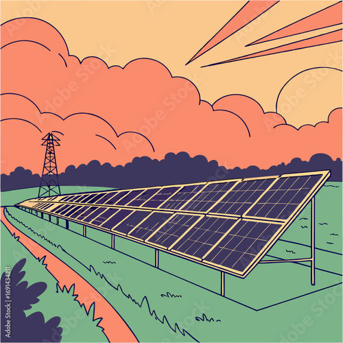 Solar Panel Field in Rural Landscape at Sunset.