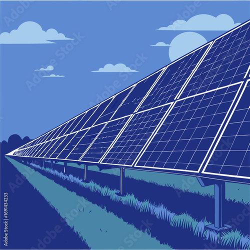 Solar Panel Field Renewable Energy Clean Energy Blue Sky Dusk Graphic Illustration.