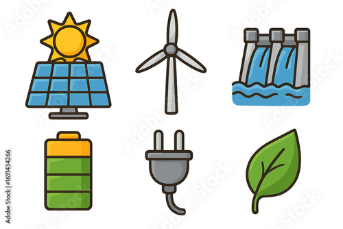 Renewable energy icons set with solar panel, wind turbine, hydroelectric dam, battery power, electric plug, and green leaf symbols, cartoon vector illustration, eco-friendly energy concept