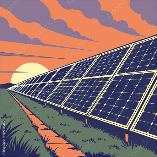 Solar Panels at Sunset Clean Energy Illustration.