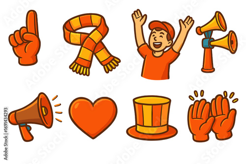 Sports fan celebration icon set. Vector cartoon collection of supporter gear for game day. Enthusiasm for events with foam finger, scarf, hat, horn and cheering fan.