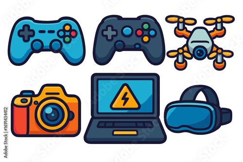 Technology gadget icon set. Vector cartoon collection with game controller, drone, camera, VR headset and laptop. Modern flat illustration for gaming, photography concept.
