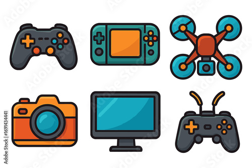 Technology icon set for gaming, photography, drone operation. Vector cartoon illustration of game controller, handheld console, quadcopter, camera, and PC monitor.