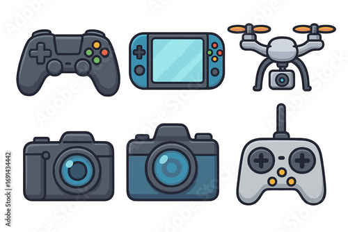 Gaming and photography icon set. Game controller, handheld console, drone with camera, and remote. Vector illustration of technology gadgets for modern hobbies and leisure.