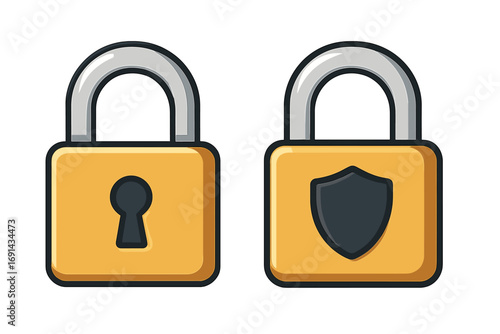Padlock icon set with keyhole and shield. Concept of security, protection, safety, and privacy. Vector illustration for data access, authentication, and cyber security.