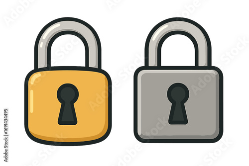 Padlock vector icon set. Simple flat cartoon illustration of a closed lock for security, safety, and privacy. Golden and silver metal padlocks with keyhole. Locked secret concept.