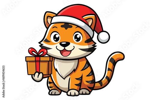Tiger wearing Christmas hat holding gift box 