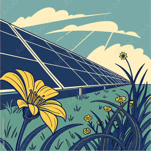 Solar Panels Flowers and Blue Sky Clean Energy Illustration.