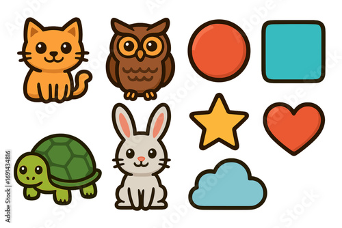 Cute cartoon animal and shape icon set. Kawaii cat, owl, turtle, rabbit and circle, square, star, heart, cloud. Vector illustration collection for kids and creative projects.