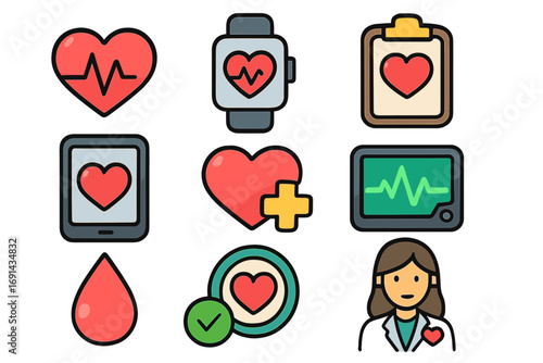 Heart rate and health icon set. Vector cartoon illustration for digital apps. Medical concept with doctor, smartwatch, ECG monitor, blood drop and cardiology symbols for web.