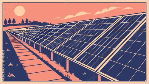 Stylized illustration of solar panels in a field at sunset renewable energy concept.