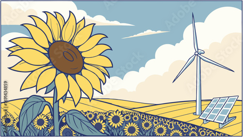 Stylized illustration of sunflowers wind turbine and solar panel in a field under a bright sky.