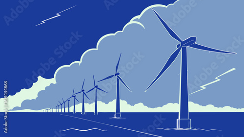 Stylized illustration of wind turbines in a stormy sea under a dramatic sky.