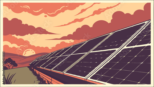 Sunset Solar Panels Clean Energy Renewable Resource Alternative Energy Illustration.