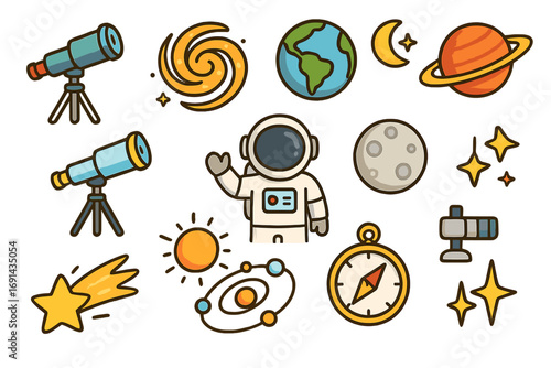 Astronomy and space exploration icon set. Vector cartoon collection of celestial bodies. Universe fascination concept. Telescope, astronaut, planet, galaxy, star, moon, sun, compass.