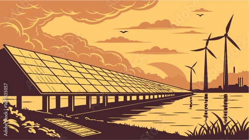 Sustainable Energy Solar Panels Wind Turbines and Scenic Landscape Illustration.