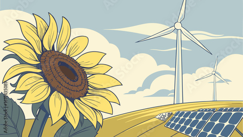 Sustainable Energy Sunflower Wind Turbines and Solar Panels Illustration.