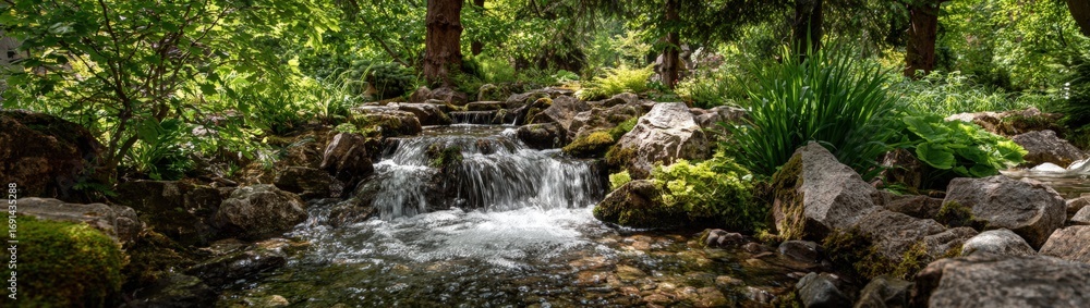 Fototapeta premium A tranquil stream cascading over rocks in a lush garden