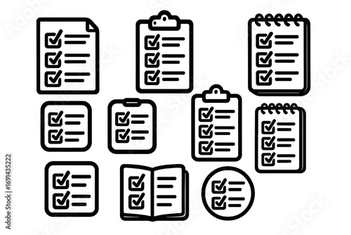 Checklist icon set. To do list symbols. Vector graphic element for task management, productivity, survey, and project completion. Clipboard, document, and notepad signs.