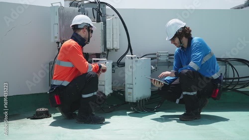 Engineers inspecting rooftop electrical equipment
