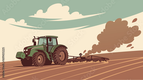 Tractor cultivating a field under a cloudy sky agricultural machinery farming illustration.