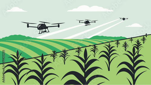 Three Drones Spraying Crops from Above.
