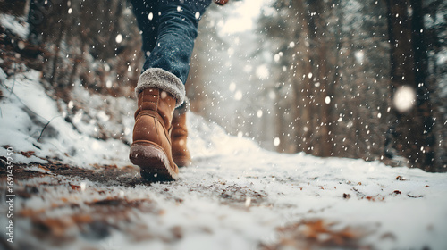 Snowfall Adventure: Walking in Cozy Winter Boots Through a Forest Landscape