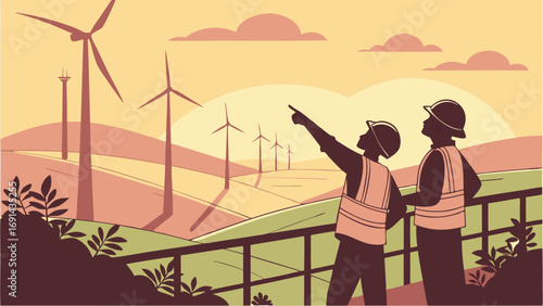 Two Engineers Inspecting Wind Turbines at Sunset.
